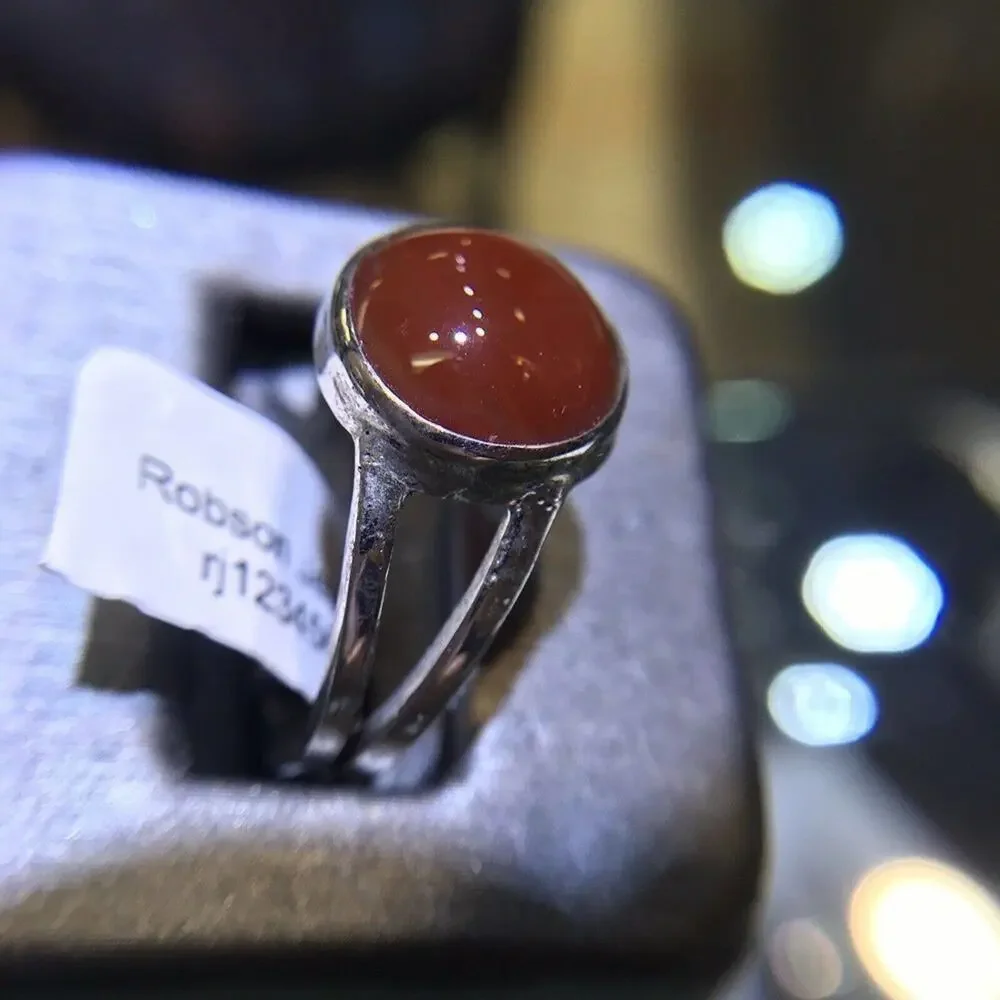 Red Agate (Natural) Ring Round Sz10 Bezel Set Silver 925 Design Band
